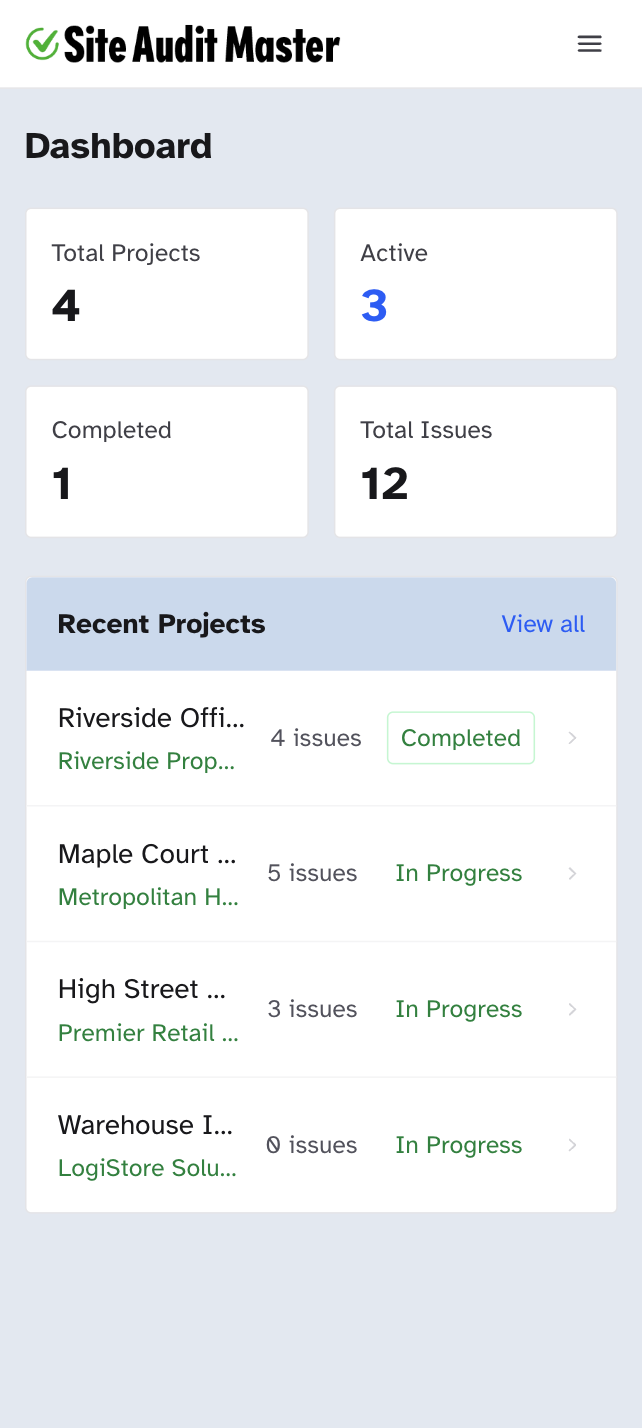 Site Audit Master app showing a project with annotated inspection photos